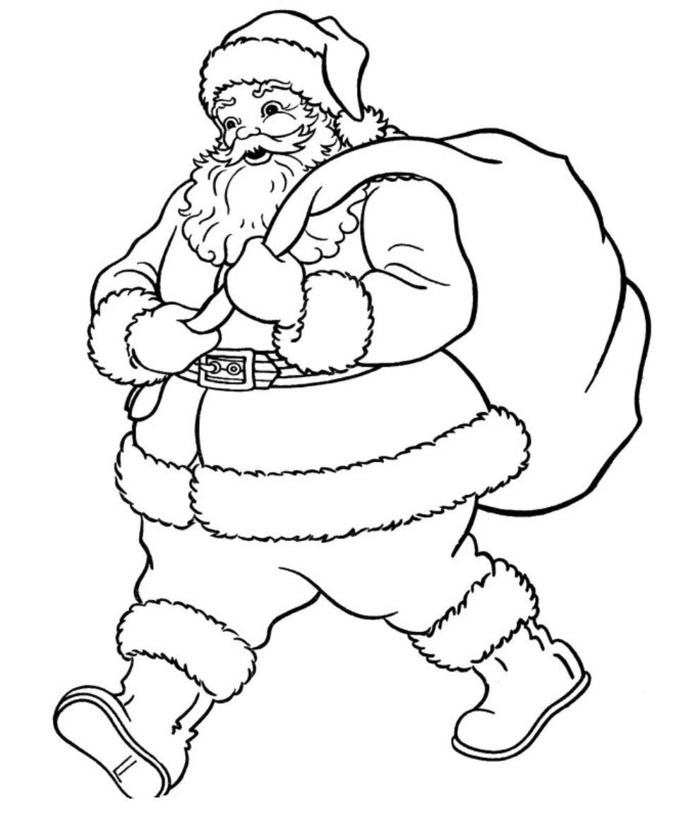 Coloring book fat Santa Claus in a sack of gifts